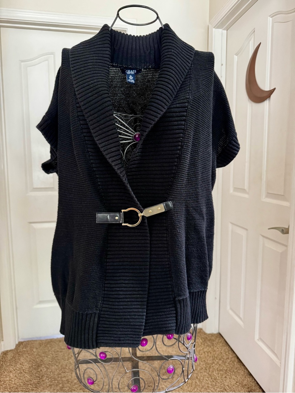 Chaps Black Ribbed Shawl-Collar Knit Vest with Buckle Detail
